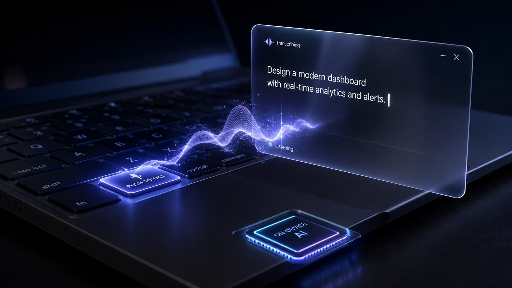 Globaler Tastatur-Shortcut löst lokale Spracherkennung aus, die den diktierten Text direkt am Cursor einfügt, während die Verarbeitung on-device ohne Cloud läuft