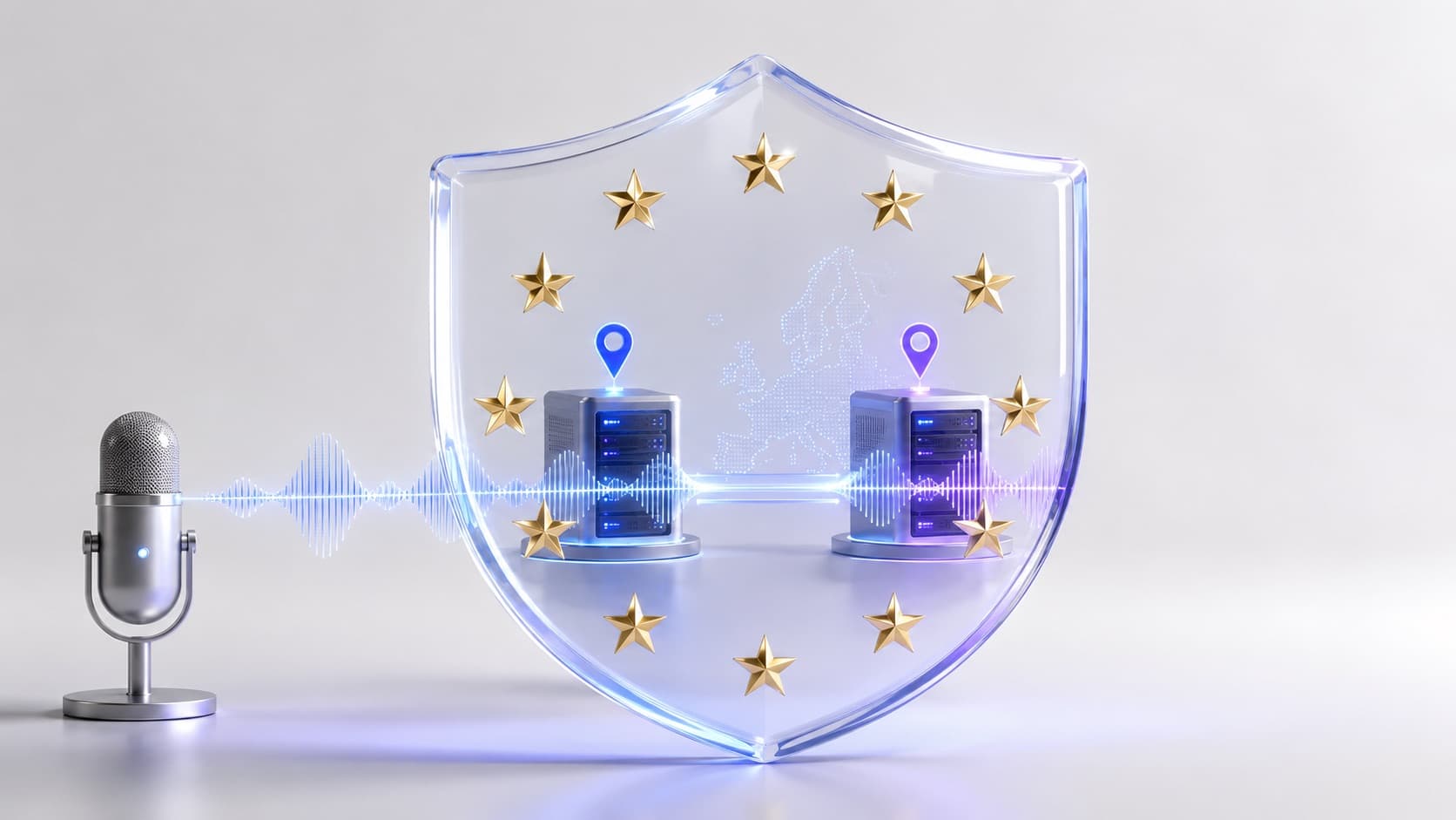 Datos de voz fluyen hacia un campo protector rodeado de estrellas de la UE con dos nodos de servidores europeos, el procesamiento en la nube permanece dentro de la UE