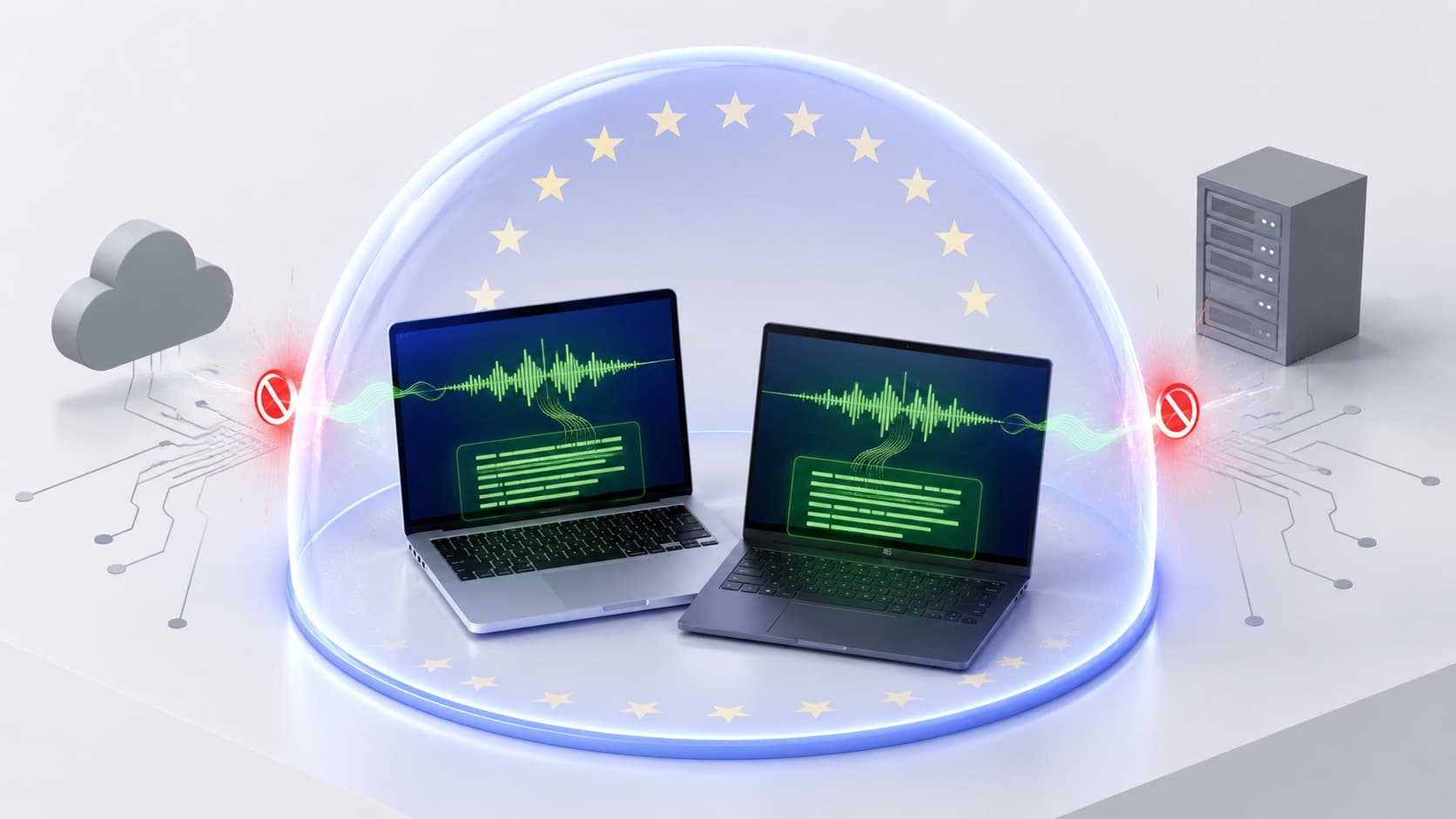 Offline dictation software transcribing audio locally on Mac and Windows while transfers to cloud and external servers are blocked, keeping data within the EU