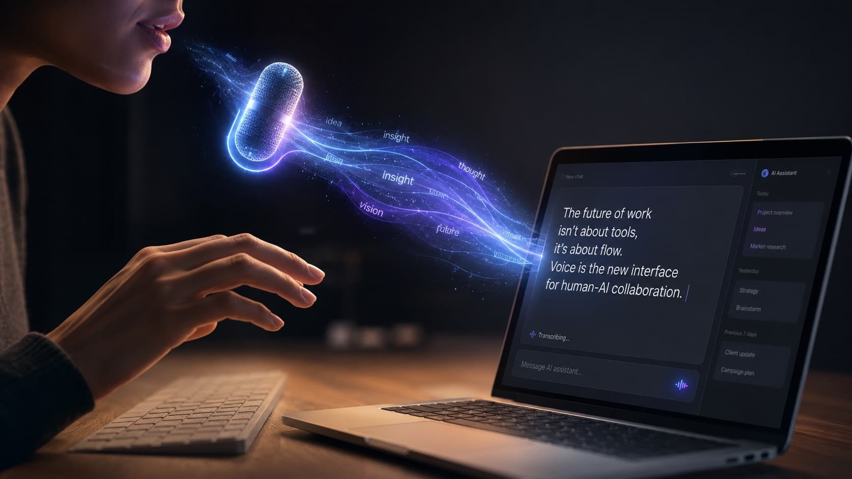 Person dictating to an AI assistant on a laptop: voice as the new interface for human-AI collaboration