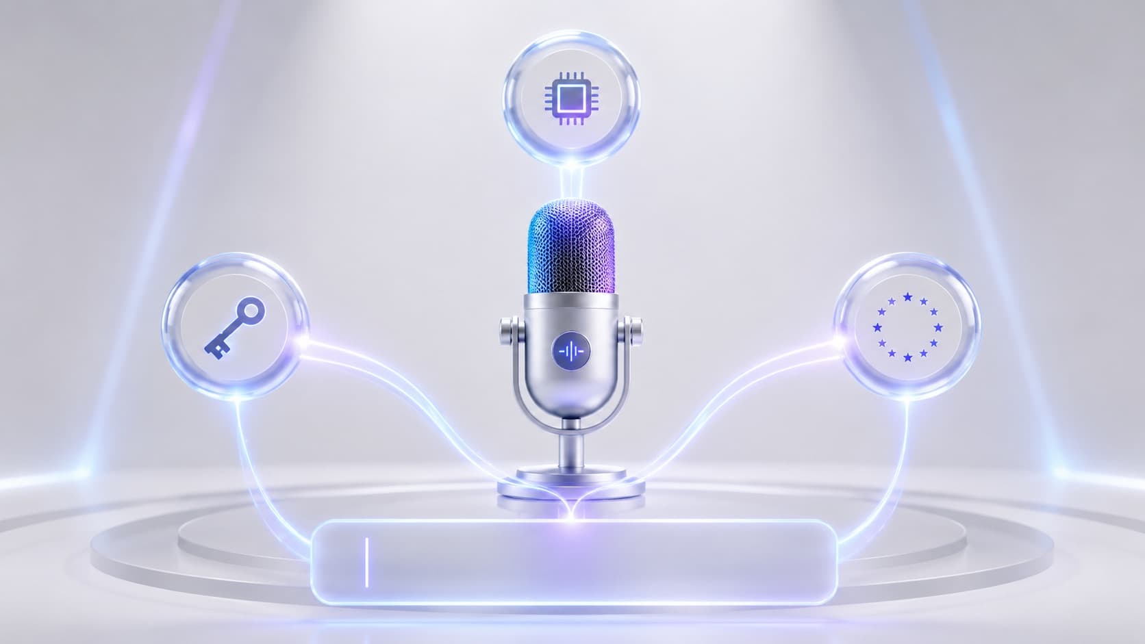 A central voice layer connects to three model options, your own API key, a local endpoint, and a European cloud, and inserts the result at the cursor